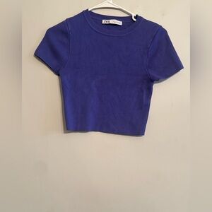 Zara Ribbed Knit Blue Crop Top Short Sleeve Size M